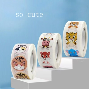 Three rolls of cute cartoon animal reward stickers with Thank You text on blue background