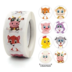Roll of 500 cartoon animal stickers for kids rewards featuring 8 cute designs 2.5cm size