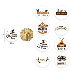 Detail showing 2.5cm diameter Halloween stickers with witch and pumpkin designs