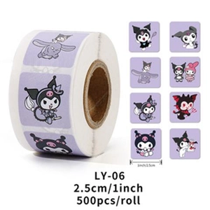 Close-up of Kuromi cartoon stickers on a roll with 1-inch diameter and 500 pieces per unit