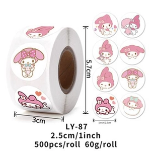 Detail showing roll size 5.7cm and 2.5cm My Melody cartoon character stickers 500pcs