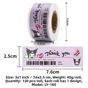Macro view of purple Kuromi cartoon seal stickers showing 7.6x2.5cm dimensions per piece