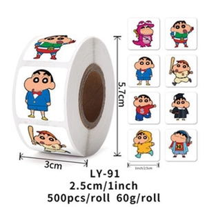 Detailed view of cartoon character sticker roll with 500 pieces and 1-inch dimensions