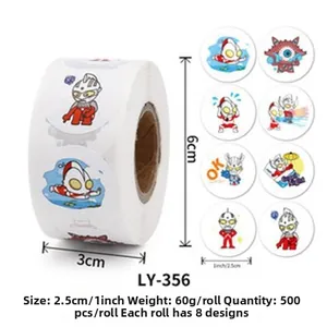 Detail of 500pcs 1-inch Christmas stickers with 8 cartoon designs in a roll format