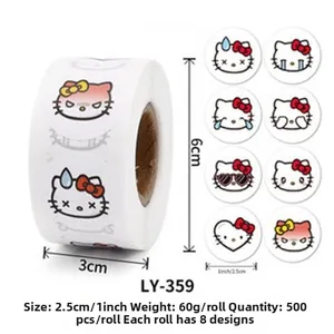 Detail view of 500 Hello Kitty Christmas stickers per roll with 8 festive cartoon designs
