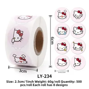 Detail showing 2.5cm diameter cartoon cat stickers with dimensions and roll specifications