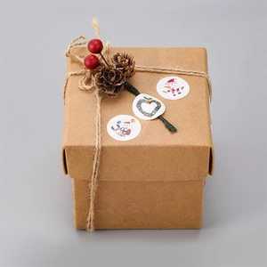 Detail of kraft paper gift box with twine, pine cone and round Christmas stickers