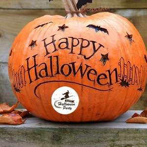 Orange Halloween pumpkin sticker label with Happy Halloween text and bat motifs