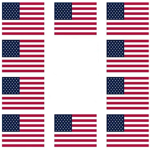Flat lay view of eleven American flag stickers arranged in a rectangle on white background