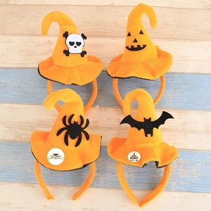 Set of 4 Halloween headbands featuring pumpkin, bat, spider and skull on orange wizard hats
