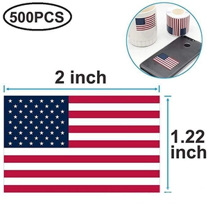Detail view of 1.22 x 2 inch USA flag stickers roll showing precise dimensions and 500 pcs