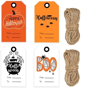 Halloween White Kraft Paper Gift Tags With Jute Rope Pumpkin Spider Witch Cauldron BOO Patterns Party Favor Decoration Labels