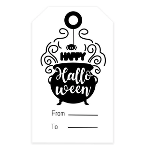 Set of 100 white Halloween gift tags with black cauldron and spider web print