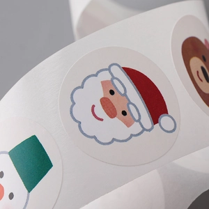 Cartoon Merry Christmas round roll stickers with Santa Snowman and Bear patterns