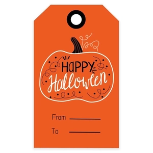 Orange Halloween gift tag with white pumpkin illustration and Happy Halloween text