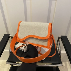 Women Crossbody Bag Canvas And PU Leather Patchwork Wave Flap Contrast Color Shoulder Bag Fashionable Daily Handbag