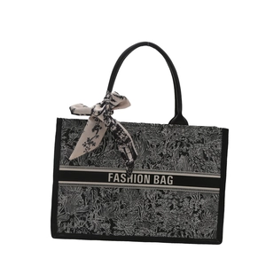 Retro large-capacity tote bag with Toile de Jouy print and silk scarf decoration