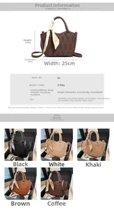 Detailed size specs for bucket bag with silk scarf handle and five color variants