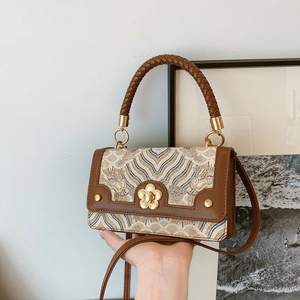 Dames Vintage Gesplitste Crossbodytas Retro Jacquard Stof Kleine Vierkante Handtas Met Gouden Bloem Gesp