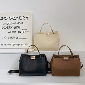 Women Large Capacity Vintage PU Leather Handbag Gold Turn Lock Litchi Stone Pattern Shoulder Crossbody Bag For Commuting