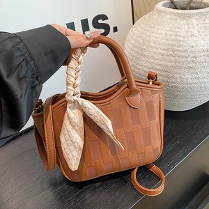 Women Checkered Embossed PU Leather Handbag With Silk Scarf Decor Elegant Small Tote Shoulder Crossbody Bucket Bag For Daily Work