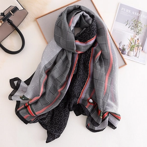 Elegant houndstooth silk scarf with geometric pattern and striped edges for women