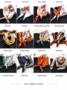 Vue détaillée de seize foulards en soie imprimés avec des motifs variés et élégants