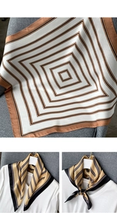 Vues détaillées d'un foulard en soie à rayures géométriques et différentes façons de le nouer