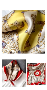 Détail montrant la texture luxueuse en soie et l'élégante illustration de chat sur le foulard