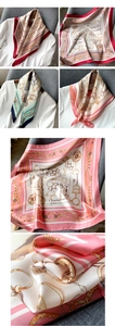 Détail d'un foulard en soie montrant des motifs équestres et des chaînes dorées élégantes