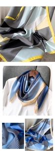 Détails de motifs géométriques colorés sur un foulard en soie synthétique pour femme