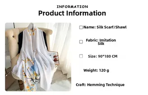 Detailed fabric specification of 90x180cm faux silk scarf with yellow ginkgo leaf pattern