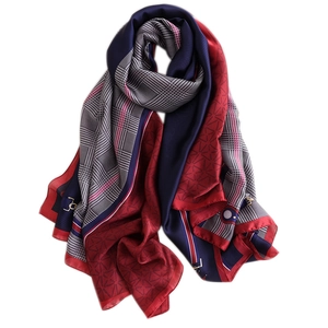 Elegant silk-like scarf with red and blue chain print and houndstooth pattern design