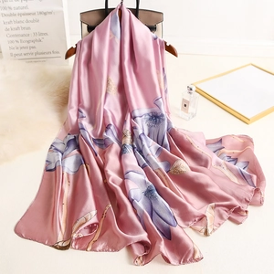 Women's Elegant Lotus Floral Print Satin Scarf Large Soft Sun Protection Wrap Shawl For Summer Spring Fashion Accessory