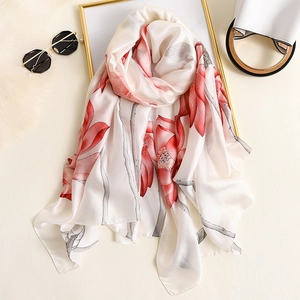 Elegant silk-feel scarf featuring red lotus floral prints and high-quality glossy finish