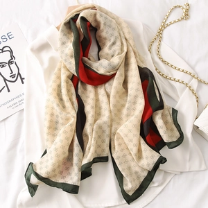 Fashionable beige cotton linen feel scarf with green red stripes and classic pattern