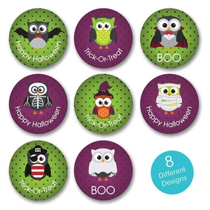 Detail view of 8 cartoon owl designs for Halloween round stickers with vibrant colors