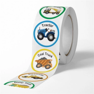 Detailed roll of 500 cartoon construction vehicle stickers with names for kids