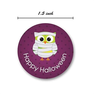 Close-up of 1.5-inch Halloween owl sticker with purple polka dot pattern and mummy design