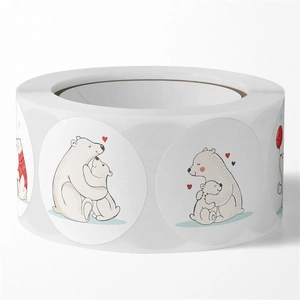 Detailed roll of round cartoon polar bear stickers with red hearts for school rewards