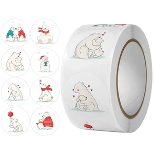 Cartoon Polar Bear Round Adhesive Stickers Roll Cute Animal Reward Labels For Teacher School Student Gift Packaging Sealing Decoration Christmas Party Supplies