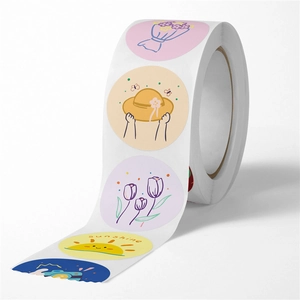 Cartoon DIY decorative round stickers roll featuring floral and sunshine patterns