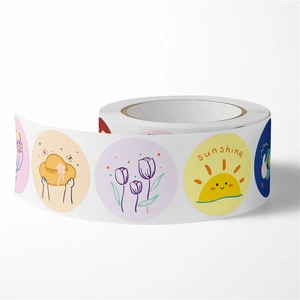 Cute cartoon round stickers featuring sun and tulip designs for DIY crafts decoration