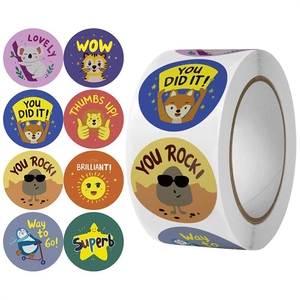 Detail of round cartoon reward stickers featuring cute animals and encouraging English words