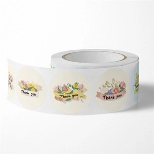 Floral round Thank You stickers roll for wedding envelopes and gift packaging