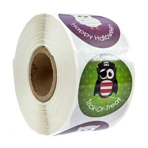 Roll of 8-design Halloween owl stickers featuring cartoon mummy and pirate patterns