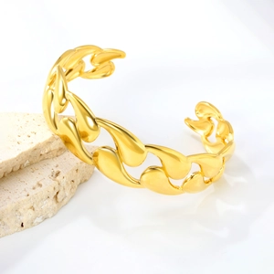 Luxurious 18K gold plated stainless steel teardrop link open cuff bracelet for women