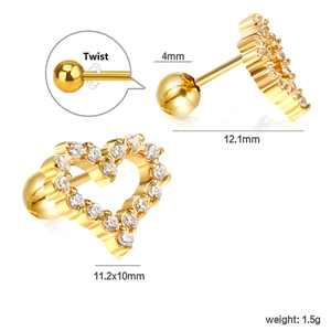 Golden heart-shaped crystal stud earrings with screw-back closures and dimensions