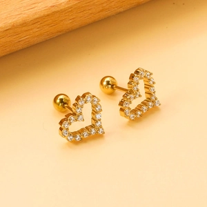 Exquisite gold heart stud earrings with pave zircon and secure screw back closure