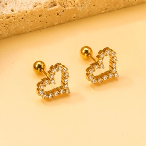 Heart Shaped Stud Earrings Stainless Steel Paved With Zirconia Cubic Sweet Dainty Style Elegant For Women Ball Screw Back